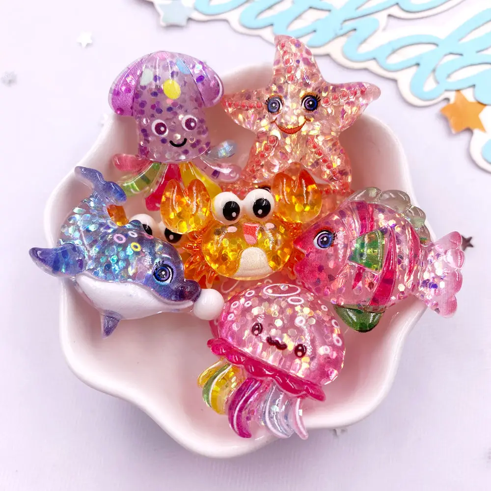 Resin Art Beach - 10 個グリッターカラフルな樹脂海の星カニクラゲイルカ海洋動物ヒラタラインストーンスクラップブック DIY 置物装飾クラフト
