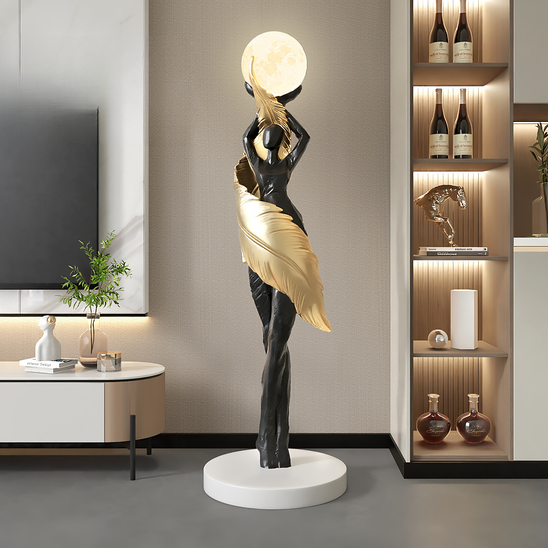 Resin Art In Floor - モダンな家の装飾、抽象的な羽根の少女アート彫刻飾り、大型フィギュア像、リビングルームの床飾り、樹脂工芸品ギフト