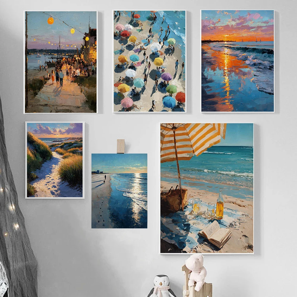Resin Art Beach - ダイヤモンドペイント、夕暮れのビーチ、夏、海岸、ポスター、ヴィンテージ傘、日の出、海、モダンなプリント、ダイヤモンド壁掛けアート、絵画