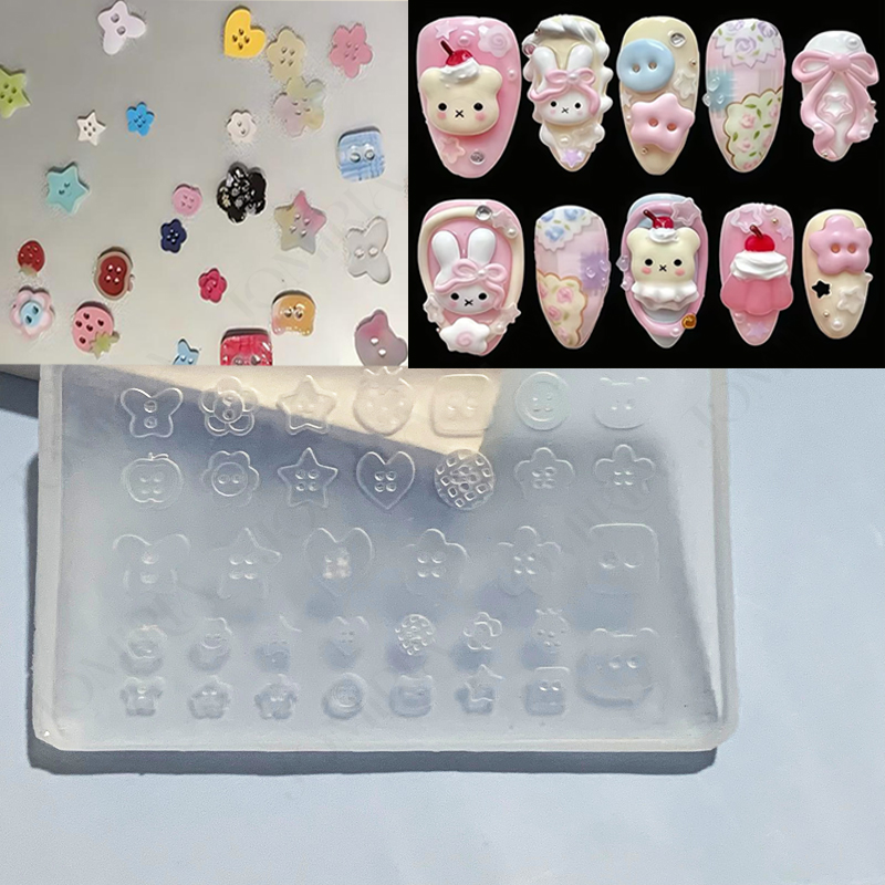 Resin Art Templates Free - 3Dボタン型シリコンネイルモールド。かわいい様々な形（クマ、ハート、星、花、蝶）のチャームテンプレート。UVジェル、レジン、DIYネイルアート用具。