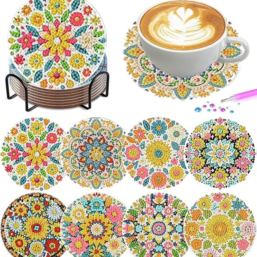 Resin Art Flowers - 8個入りセット／ダイヤモンドペイントコースターセット、花のリース模様のコースター（台座付き）－家庭用DIY手作りアートセット