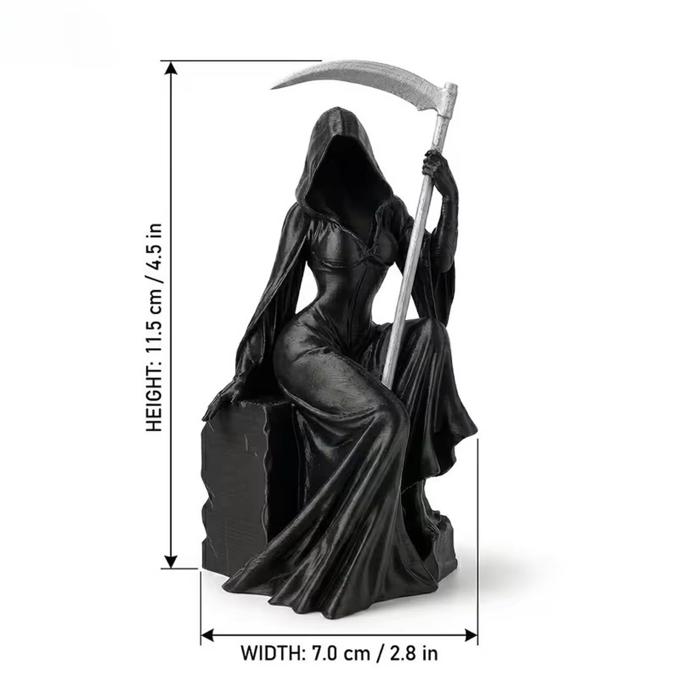 暗い色の座った女性死神の置物1点、鎌とポケットローブの形をし - Resin Art Workshop のレビューと価格